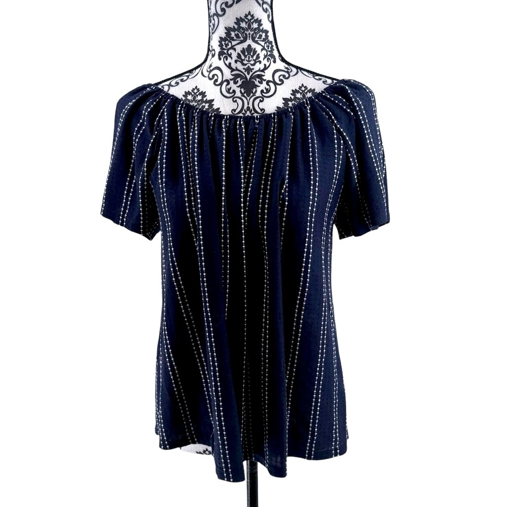 W5 Navy Blue & White Off-Shoulder Babydoll Peasant Boho Festival Blouse, L - Picture 2 of 12